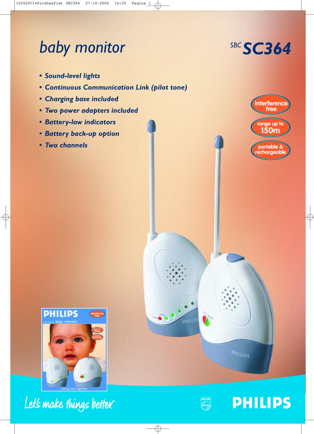Philips manual 102620C1ProdLeaflet SBC364 27-10-2000 1425 Pagina, baby monitor, SBC SC364, 150m, interference free 