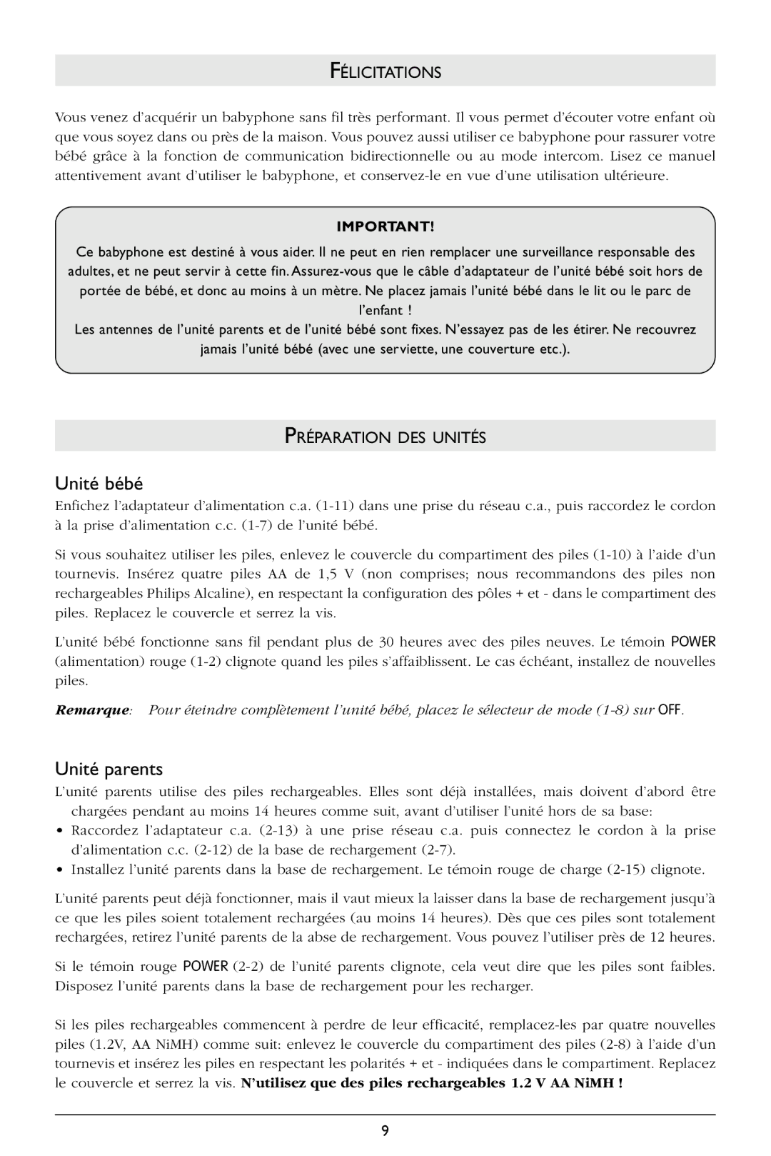 Philips SC367 warranty Unité bébé, Unité parents, Félicitations, Préparation DES Unités 