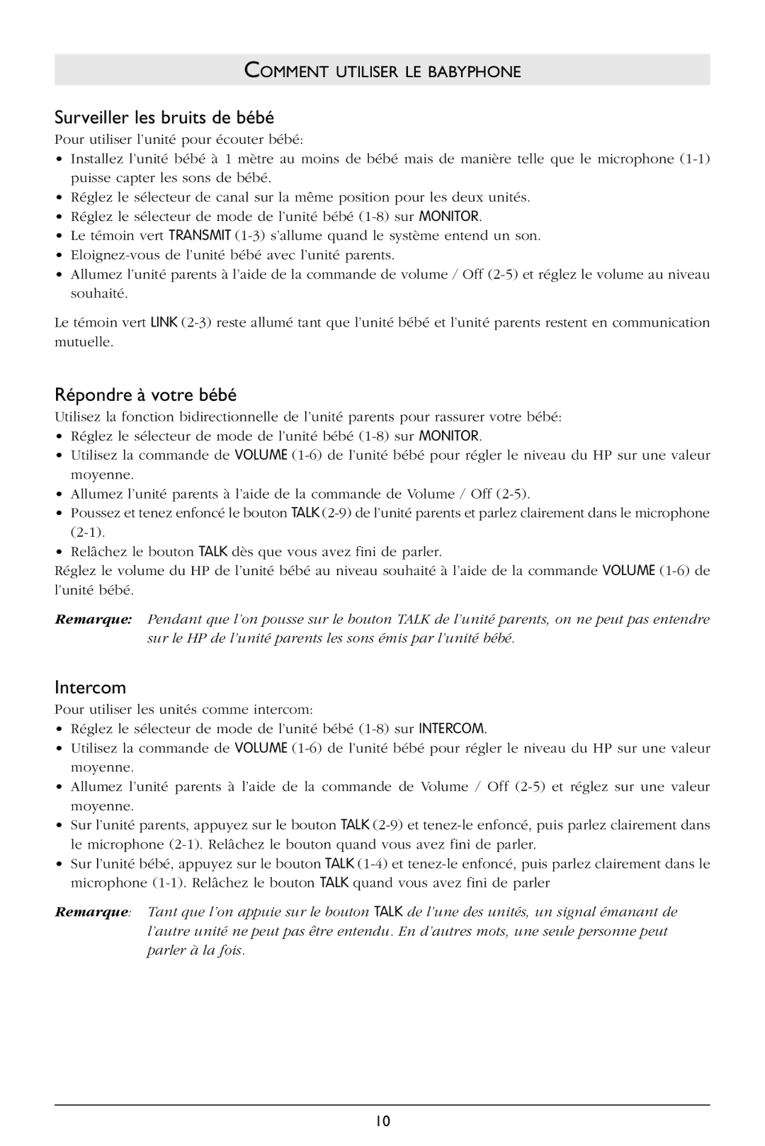 Philips SC367 warranty Surveiller les bruits de bébé, Répondre à votre bébé, Intercom, Comment Utiliser LE Babyphone 