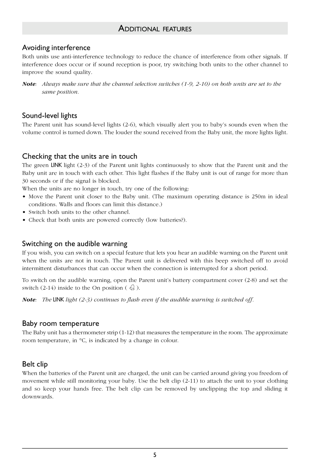 Philips SC367 Avoiding interference, Sound-level lights, Checking that the units are in touch, Baby room temperature 
