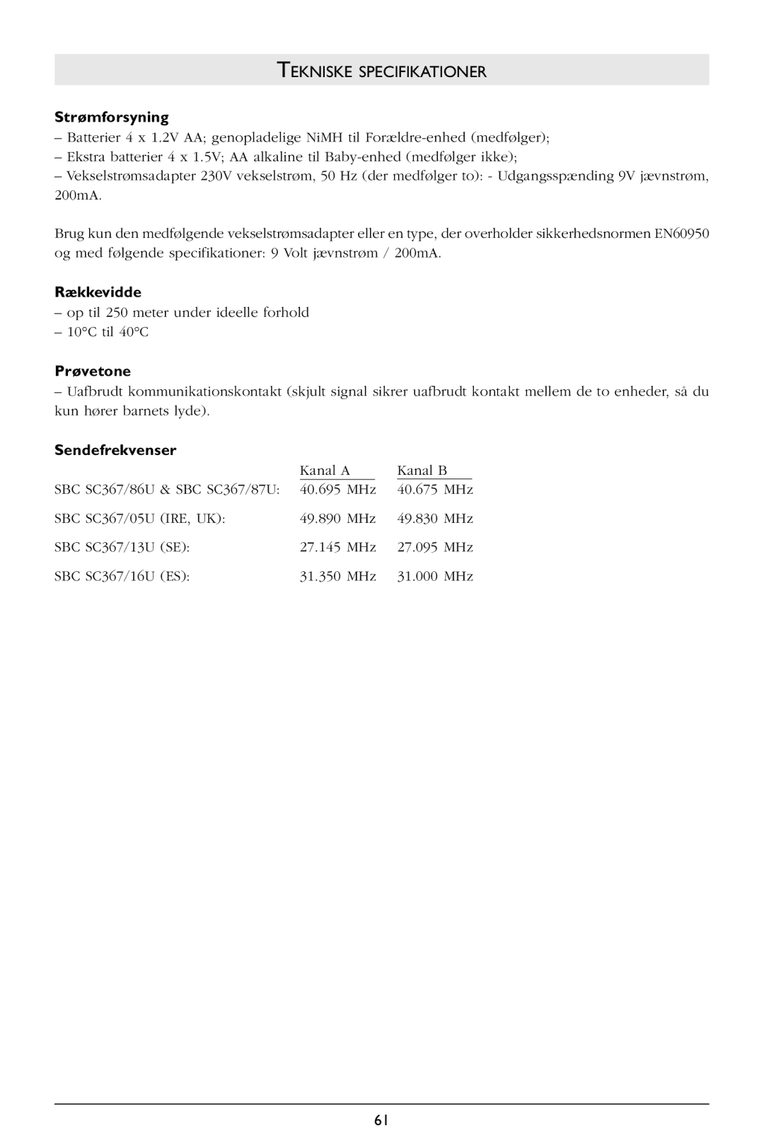 Philips SC367 warranty Tekniske Specifikationer, Strømforsyning, Rækkevidde, Prøvetone, Sendefrekvenser 