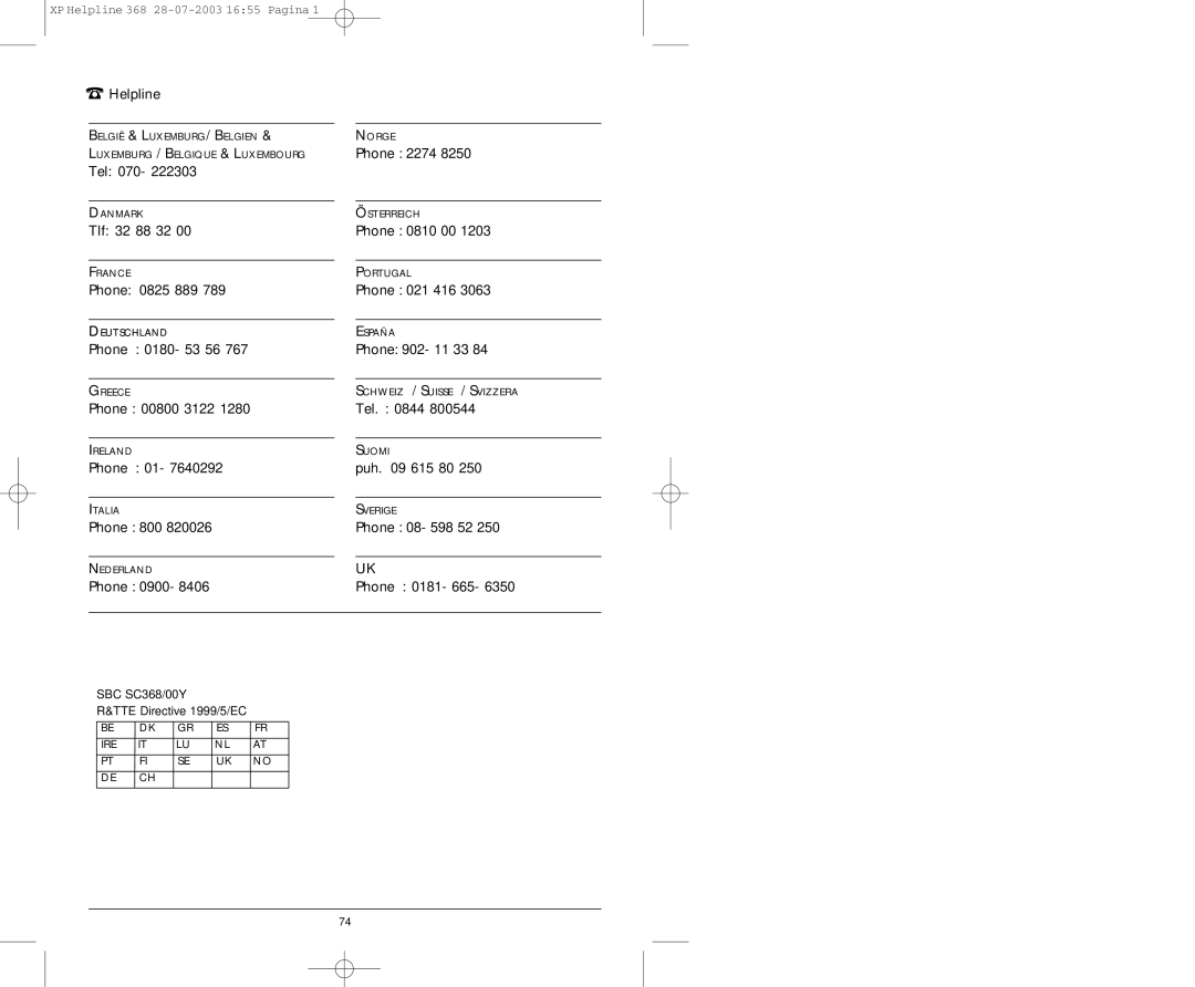 Philips SC368 Helpline, Tel 070, Tlf 32 88 32, Phone 0825 889, Phone 0180- 53 56, Phone 00800 3122, Phone 800, Phone 0900 