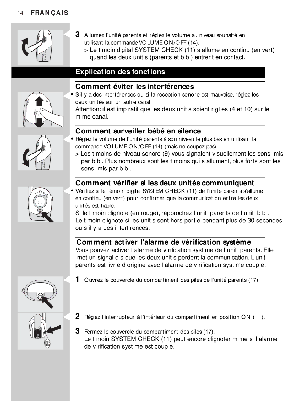 Philips SC464SBC manual Explication des fonctions, Comment éviter les interférences, Comment surveiller bébé en silence 