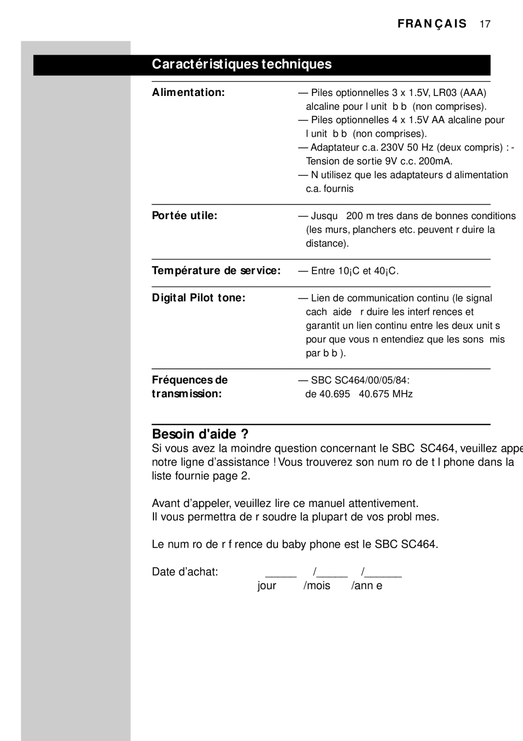 Philips SC464SBC manual Caractéristiques techniques, Besoin daide ? 