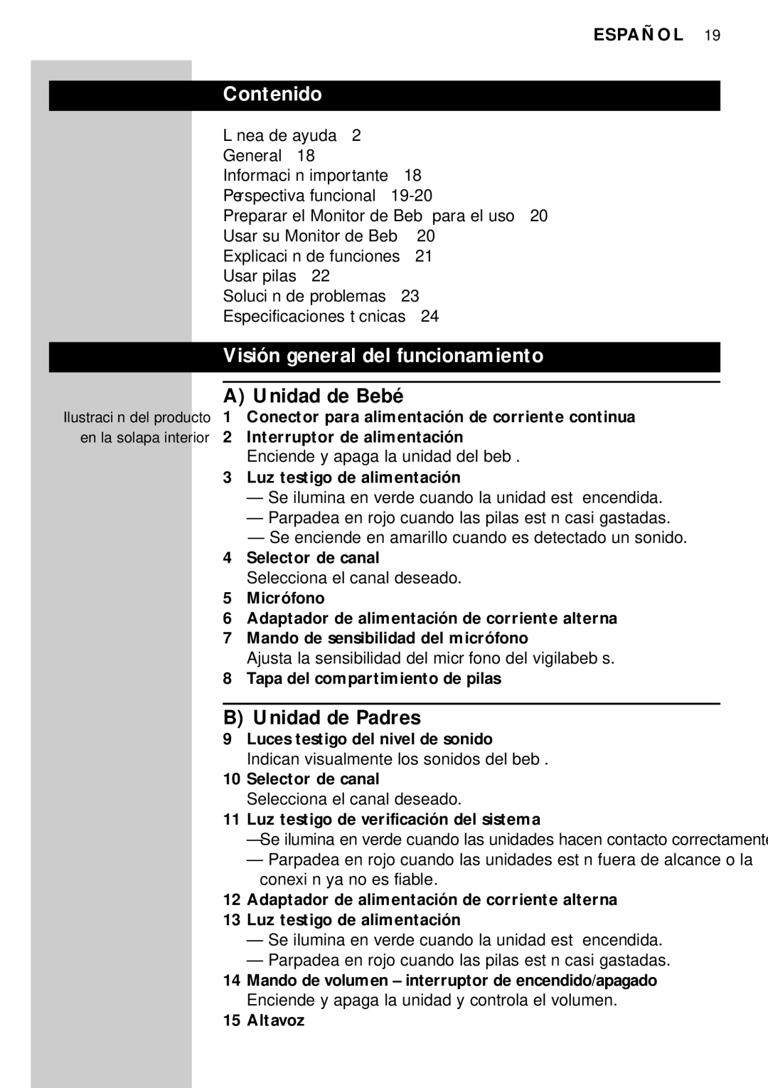 Philips SC464SBC manual Contenido, Visión general del funcionamiento, Unidad de Bebé, Unidad de Padres 