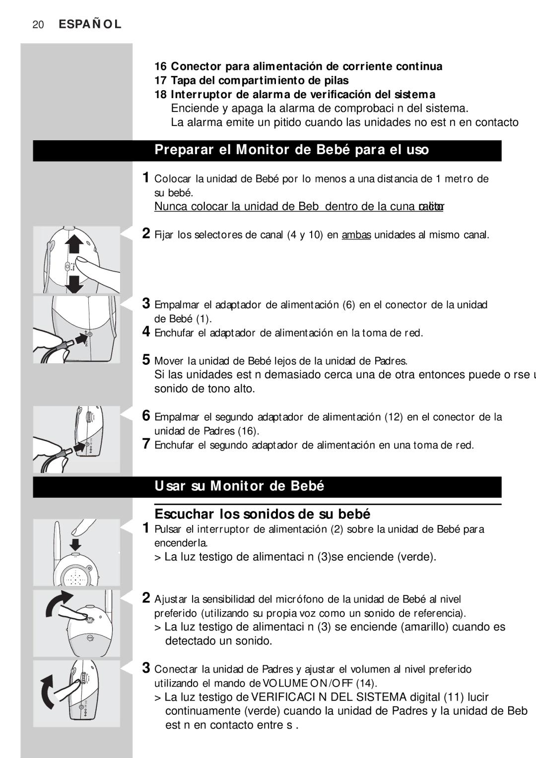Philips SC464SBC manual Preparar el Monitor de Bebé para el uso, Usar su Monitor de Bebé, Escuchar los sonidos de su bebé 