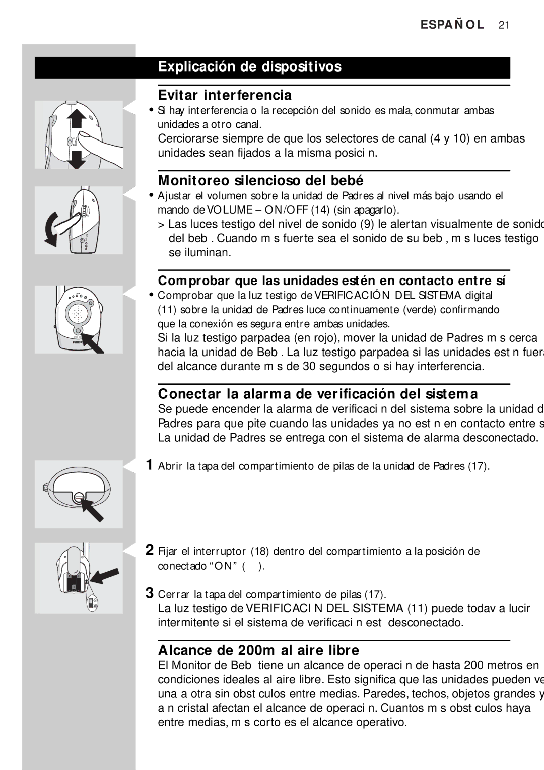 Philips SC464SBC manual Explicación de dispositivos, Evitar interferencia, Monitoreo silencioso del bebé 