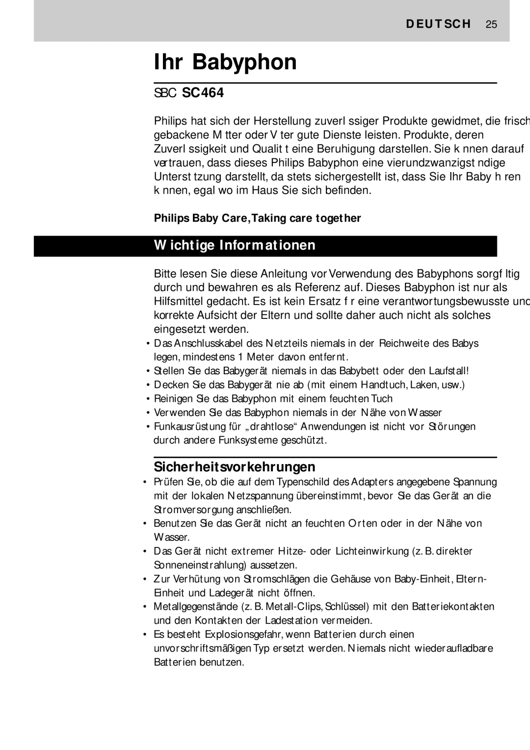 Philips SC464SBC manual Ihr Babyphon, Wichtige Informationen, Sicherheitsvorkehrungen 