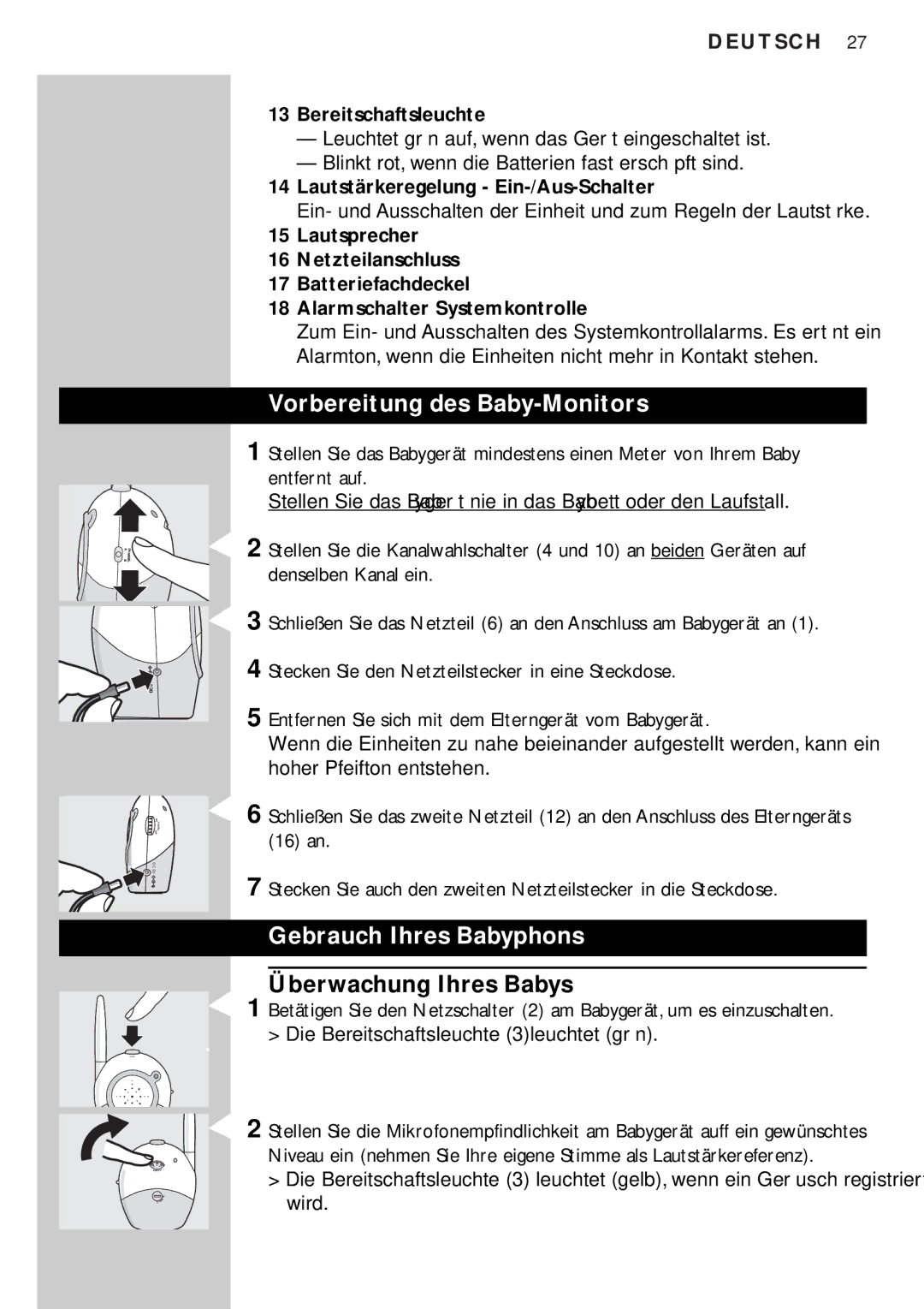 Philips SC464SBC manual Gebrauch Ihres Babyphons, Überwachung Ihres Babys 