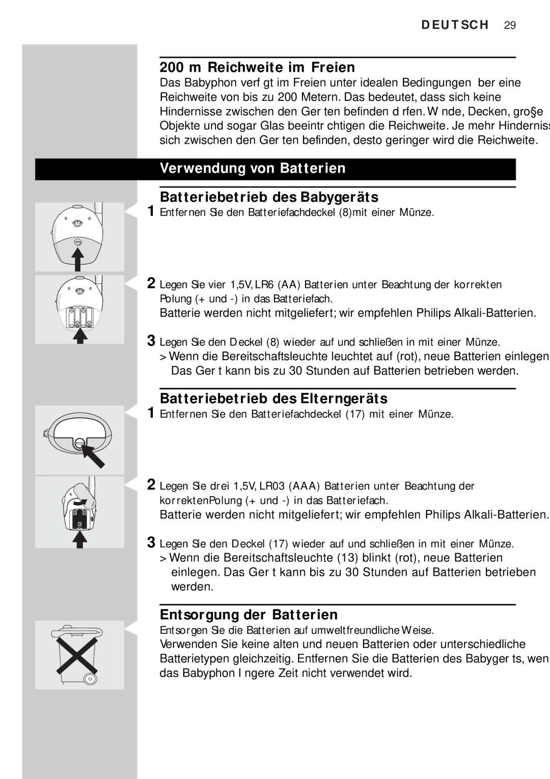 Philips SC464 Reichweite im Freien, Verwendung von Batterien, Batteriebetrieb des Babygeräts, Entsorgung der Batterien 