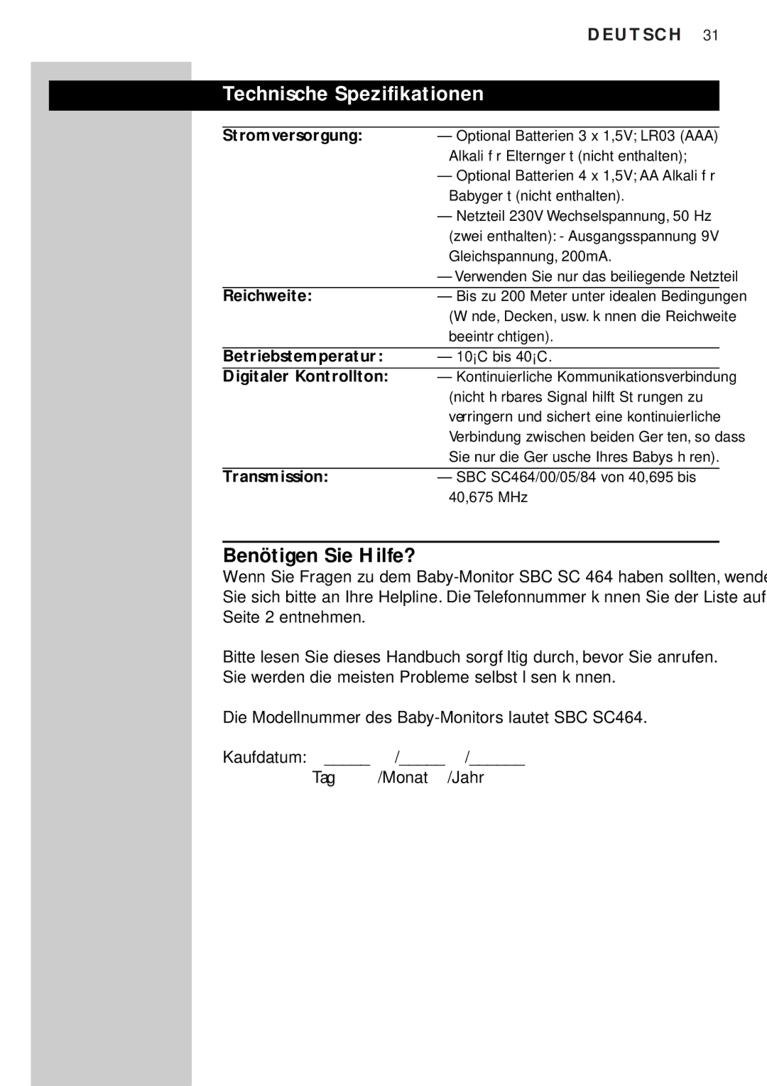 Philips SC464SBC manual Technische Spezifikationen, Benötigen Sie Hilfe? 