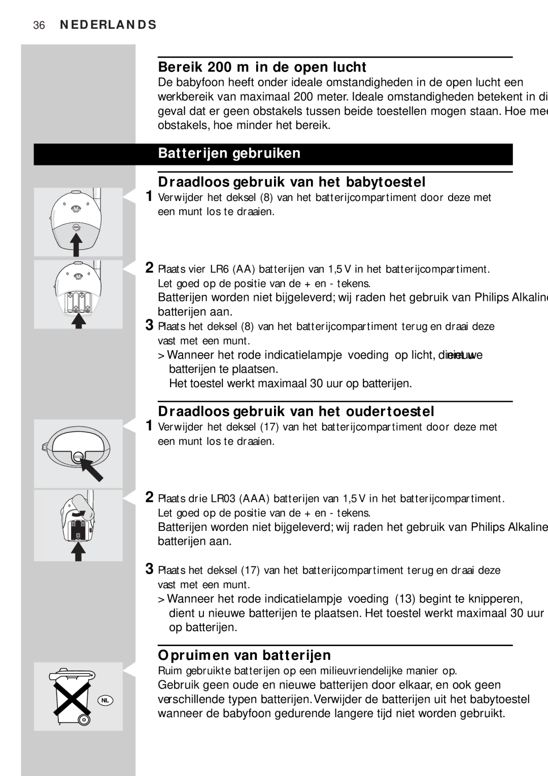 Philips SC464SBC manual Bereik 200 m in de open lucht, Batterijen gebruiken, Draadloos gebruik van het babytoestel 