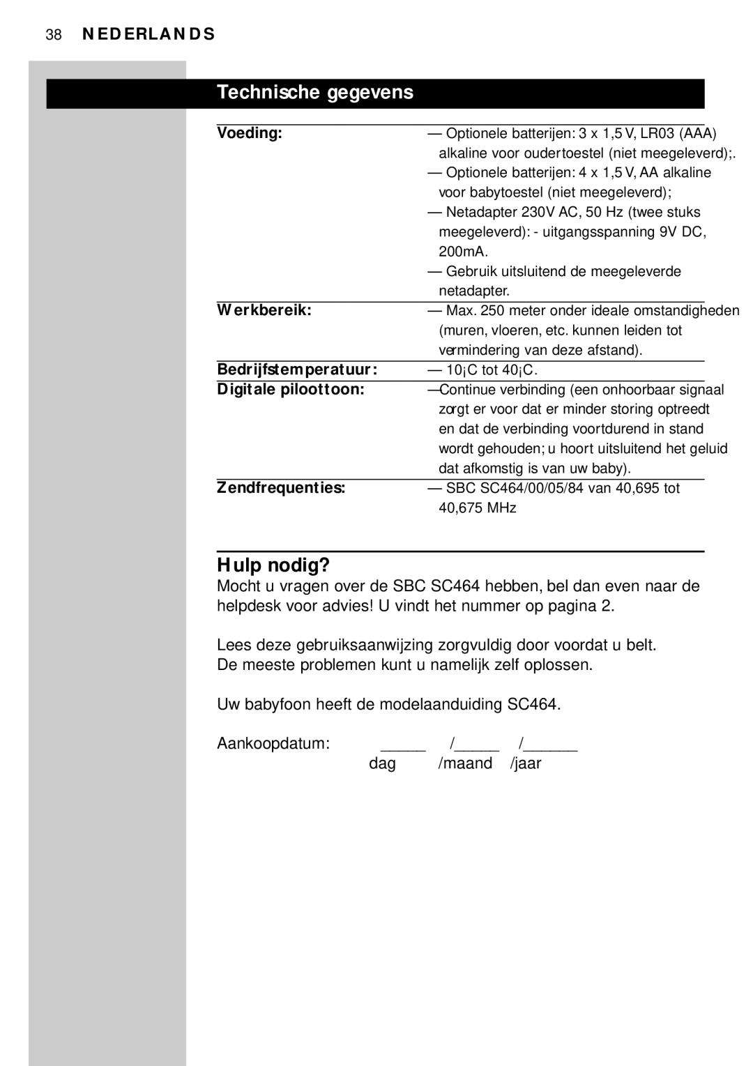 Philips SC464SBC manual Technische gegevens, Hulp nodig? 