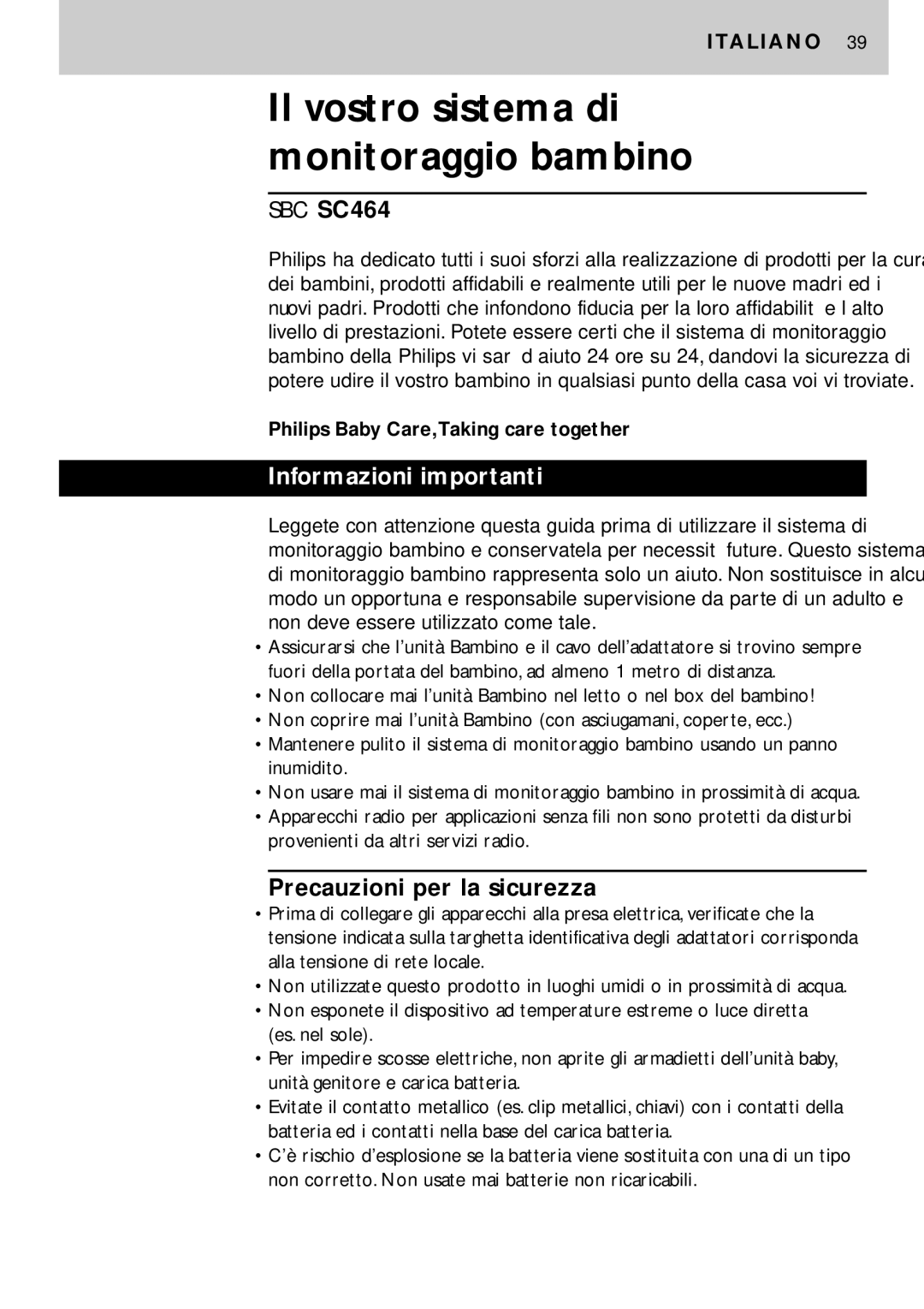 Philips SC464SBC manual Il vostro sistema di monitoraggio bambino, Informazioni importanti, Precauzioni per la sicurezza 