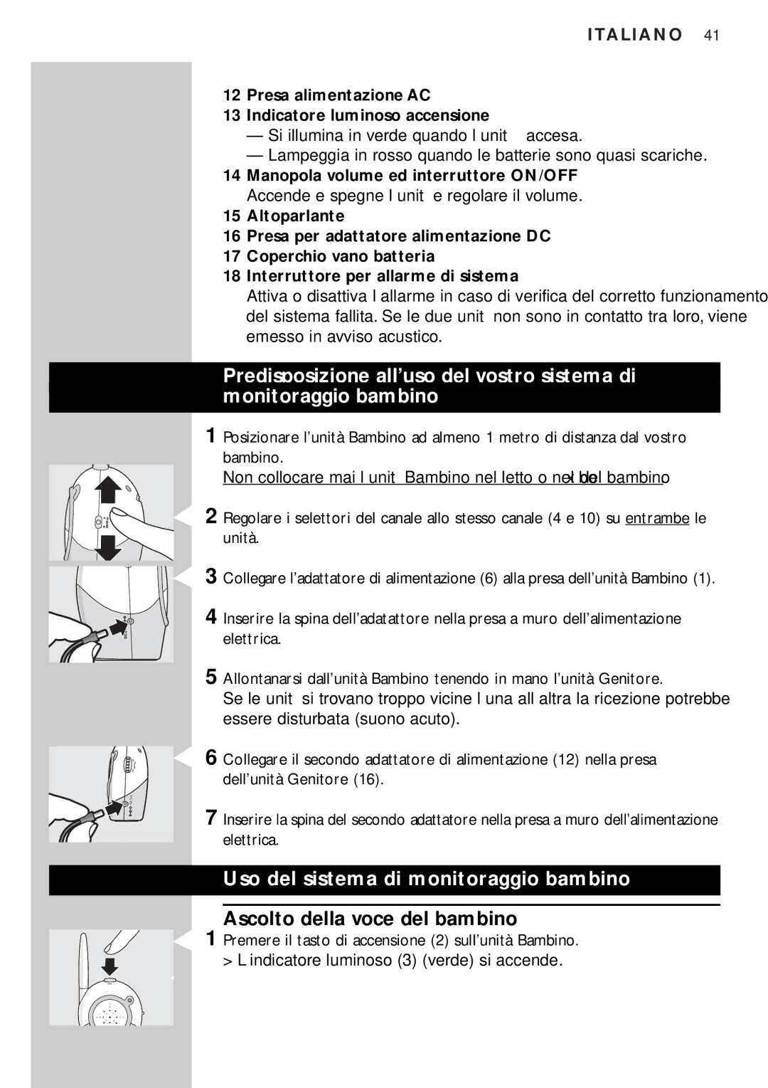 Philips SC464SBC manual Uso del sistema di monitoraggio bambino, Ascolto della voce del bambino 