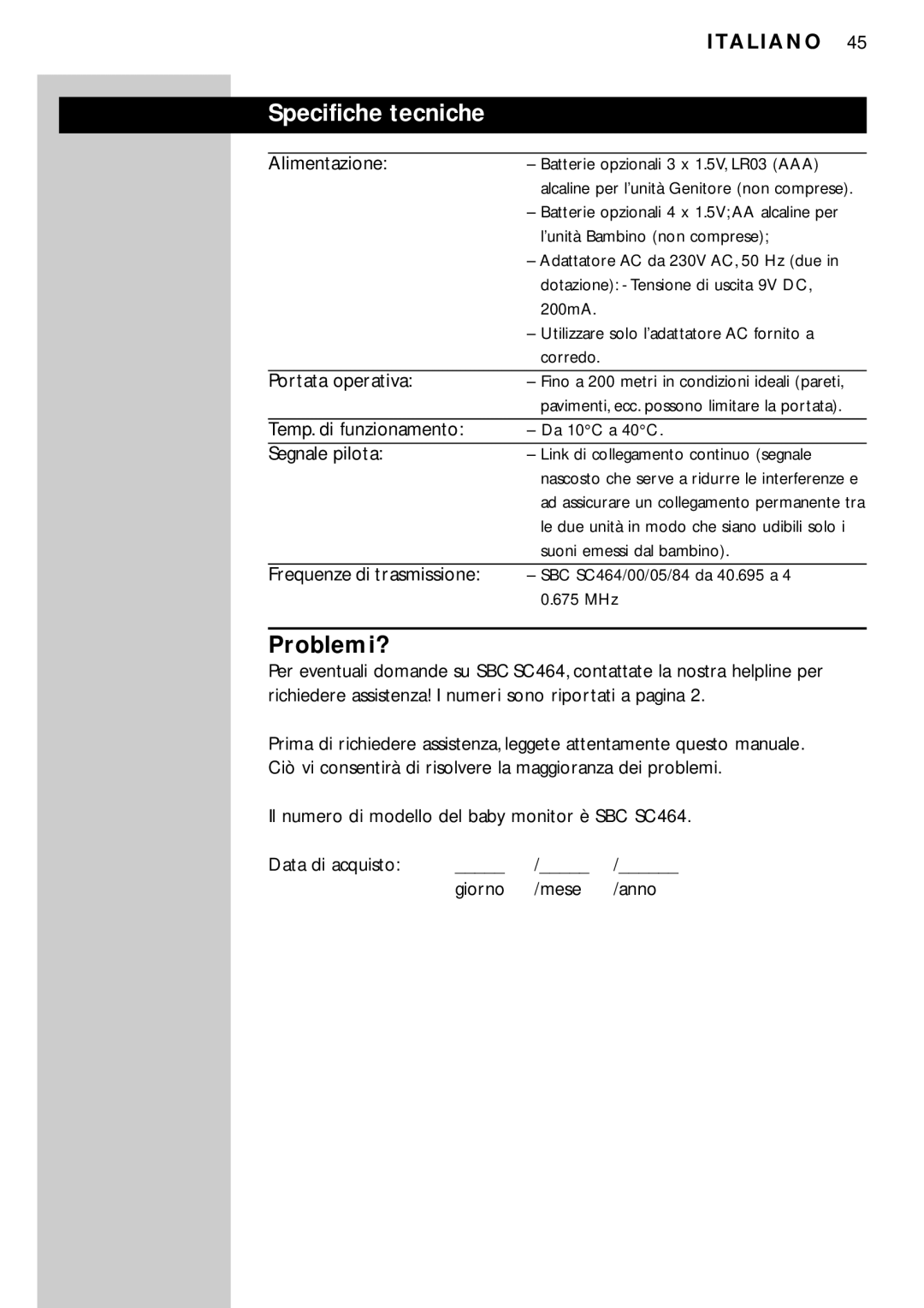 Philips SC464SBC manual Specifiche tecniche, Problemi? 