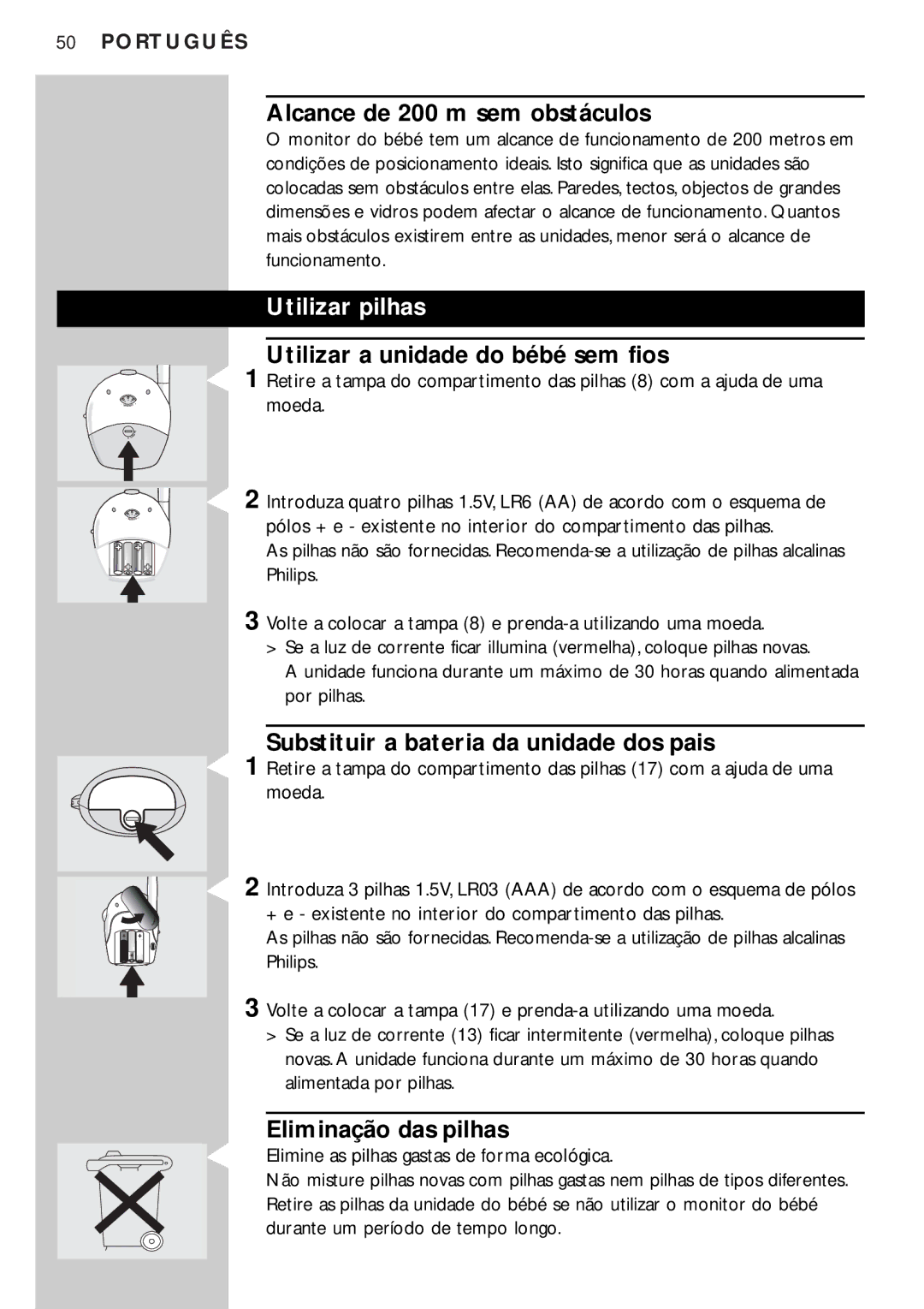 Philips SC464SBC manual Alcance de 200 m sem obstáculos, Utilizar pilhas, Utilizar a unidade do bébé sem fios 