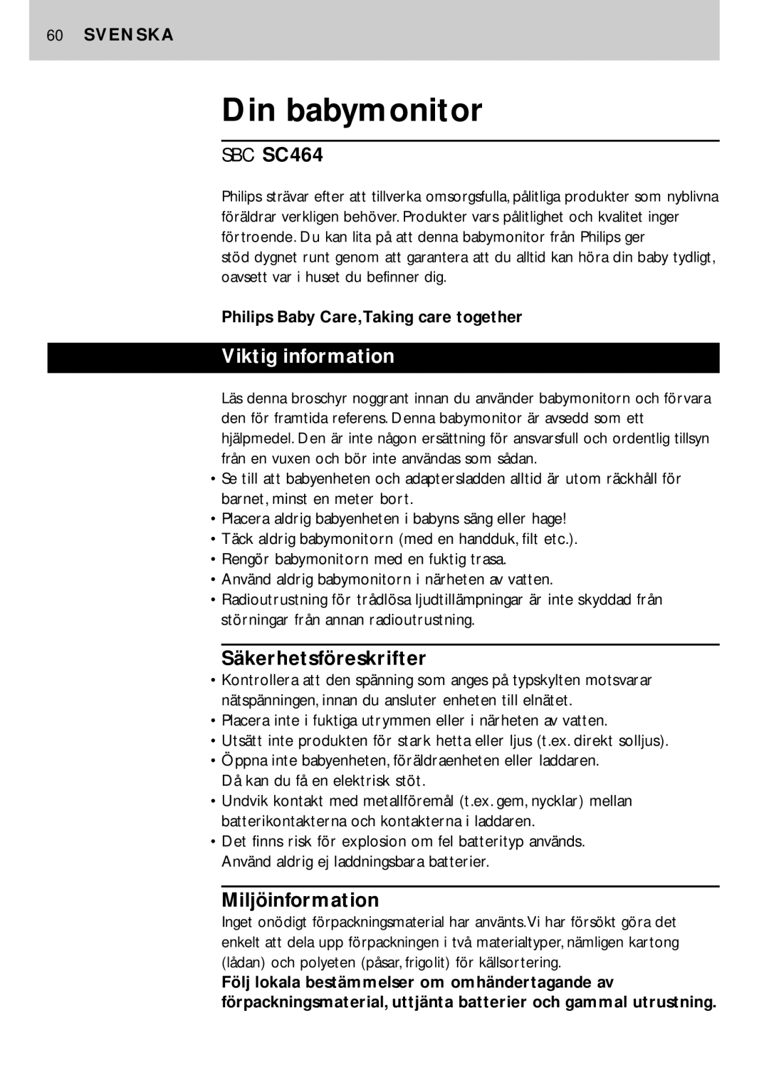 Philips SC464SBC manual Din babymonitor, Viktig information, Säkerhetsföreskrifter, Miljöinformation 