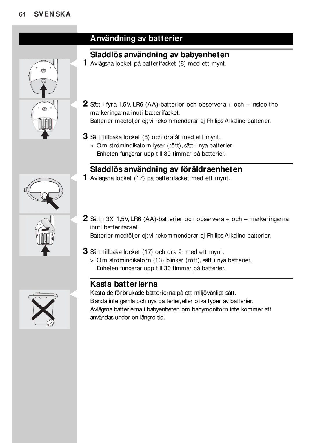 Philips SC464SBC manual Användning av batterier, Sladdlös användning av babyenheten, Sladdlös användning av föräldraenheten 