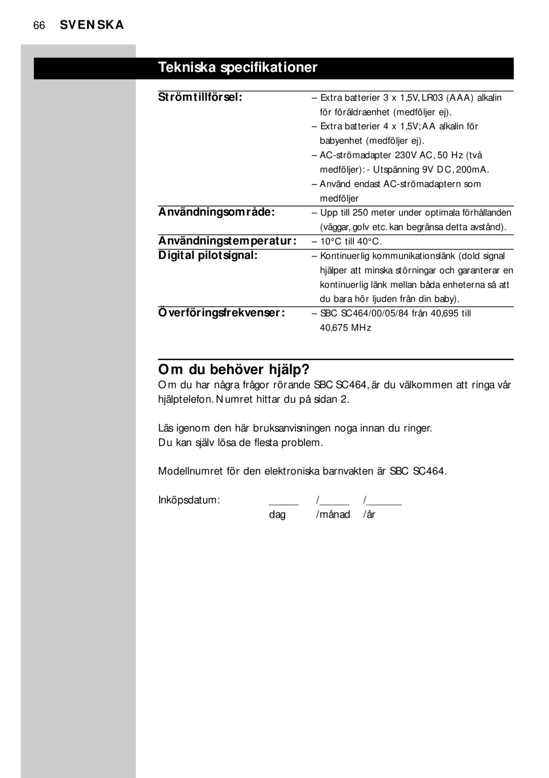 Philips SC464SBC manual Tekniska specifikationer, Om du behöver hjälp? 