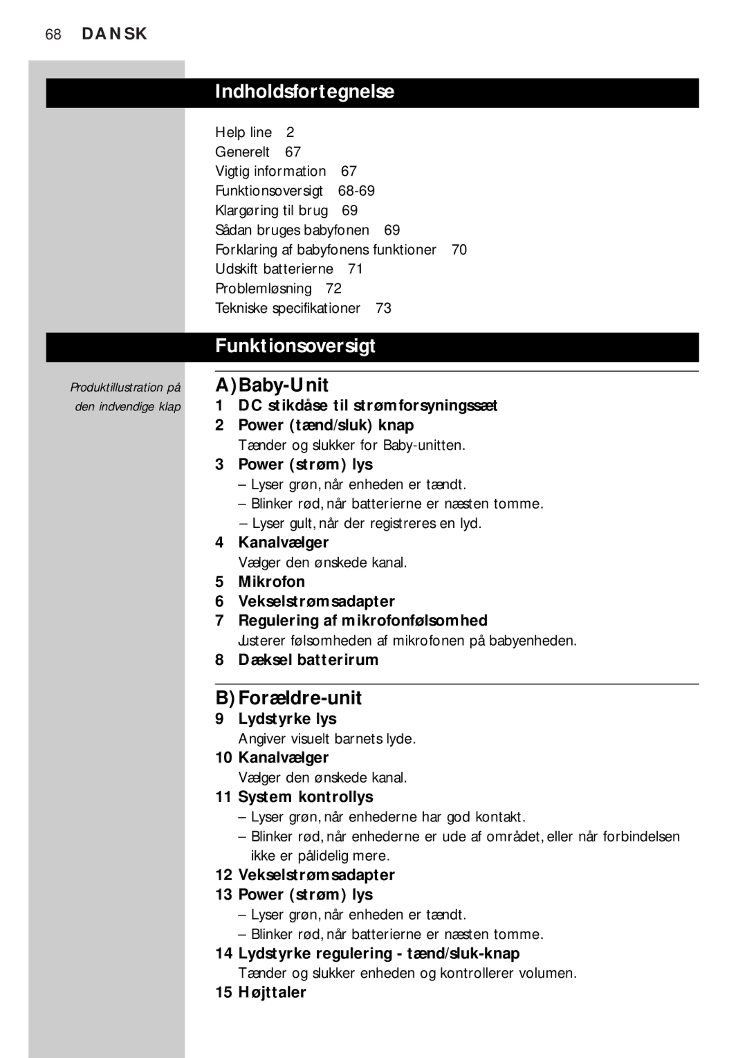 Philips SC464SBC manual Indholdsfortegnelse, Funktionsoversigt, ABaby-Unit, BForældre-unit 