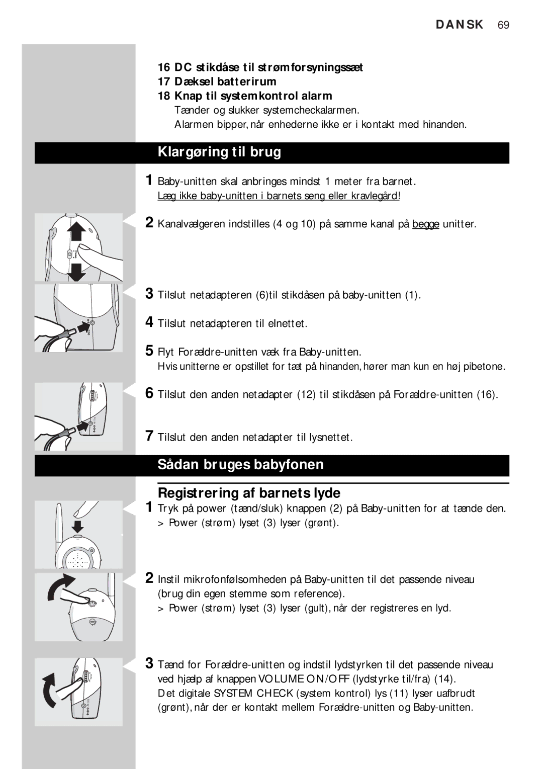 Philips SC464SBC manual Klargøring til brug, Sådan bruges babyfonen, Registrering af barnets lyde 