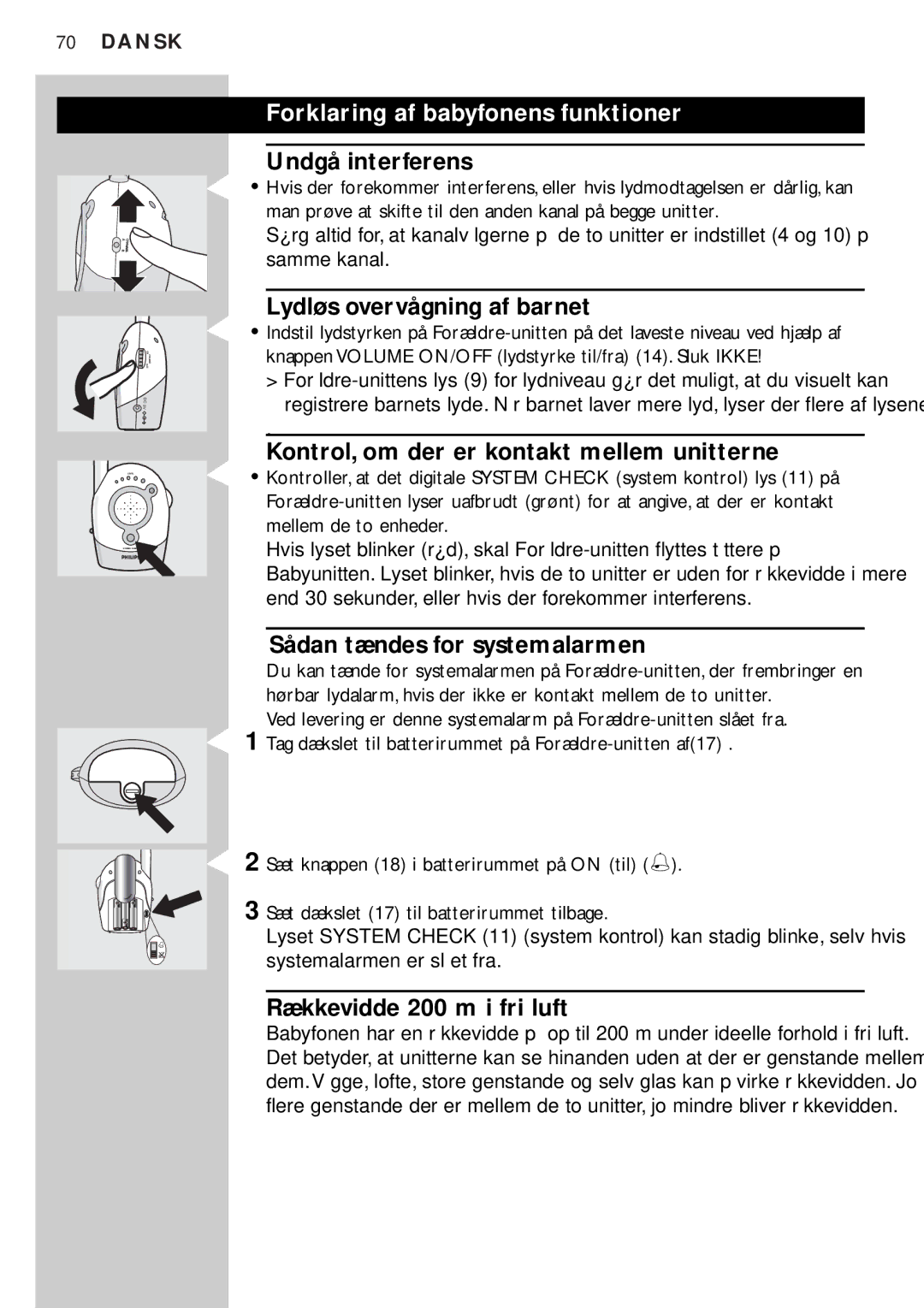 Philips SC464SBC manual Forklaring af babyfonens funktioner 