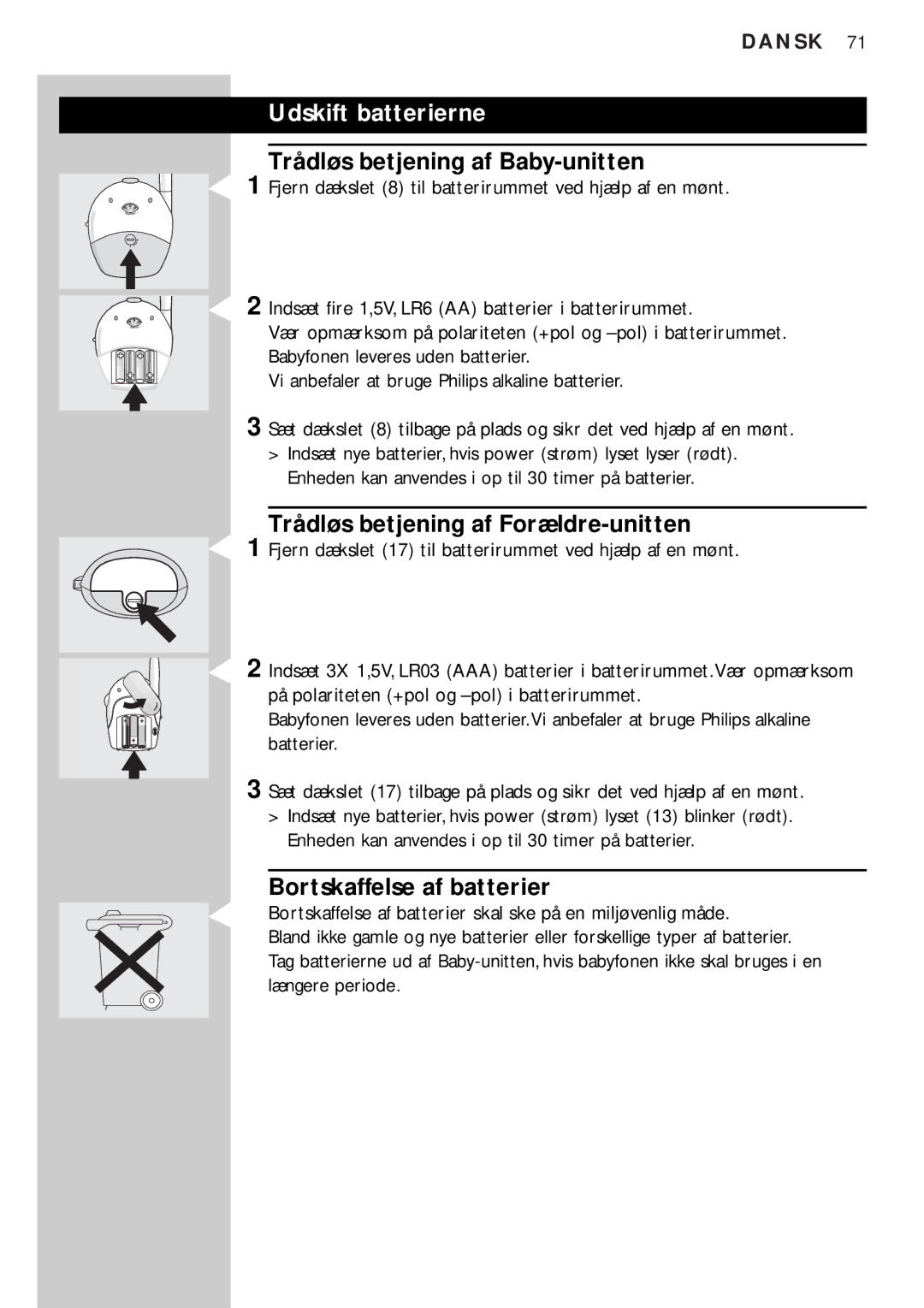 Philips SC464SBC manual Udskift batterierne, Trådløs betjening af Baby-unitten, Trådløs betjening af Forældre-unitten 