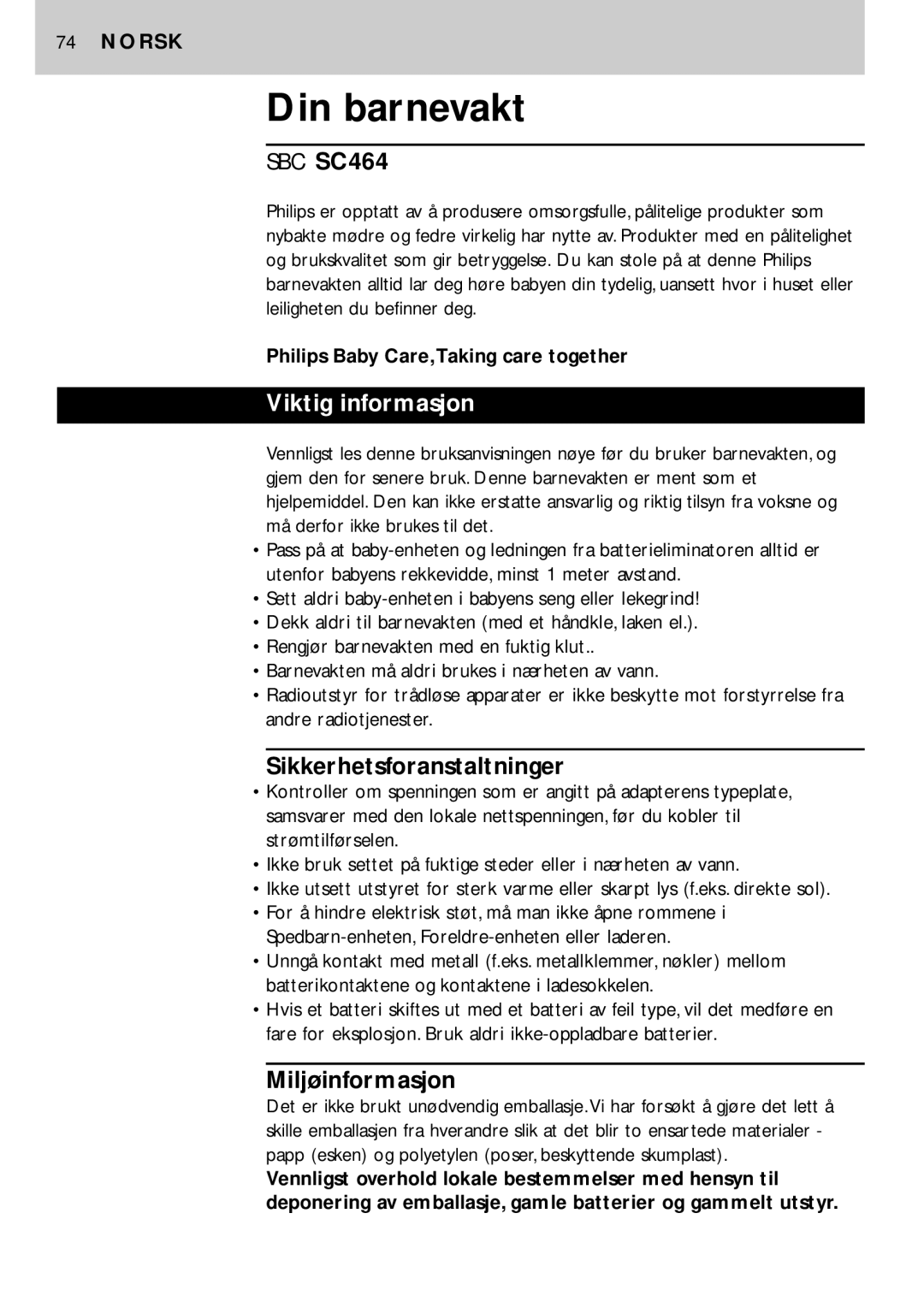 Philips SC464SBC manual Din barnevakt, Viktig informasjon, Sikkerhetsforanstaltninger, Miljøinformasjon 