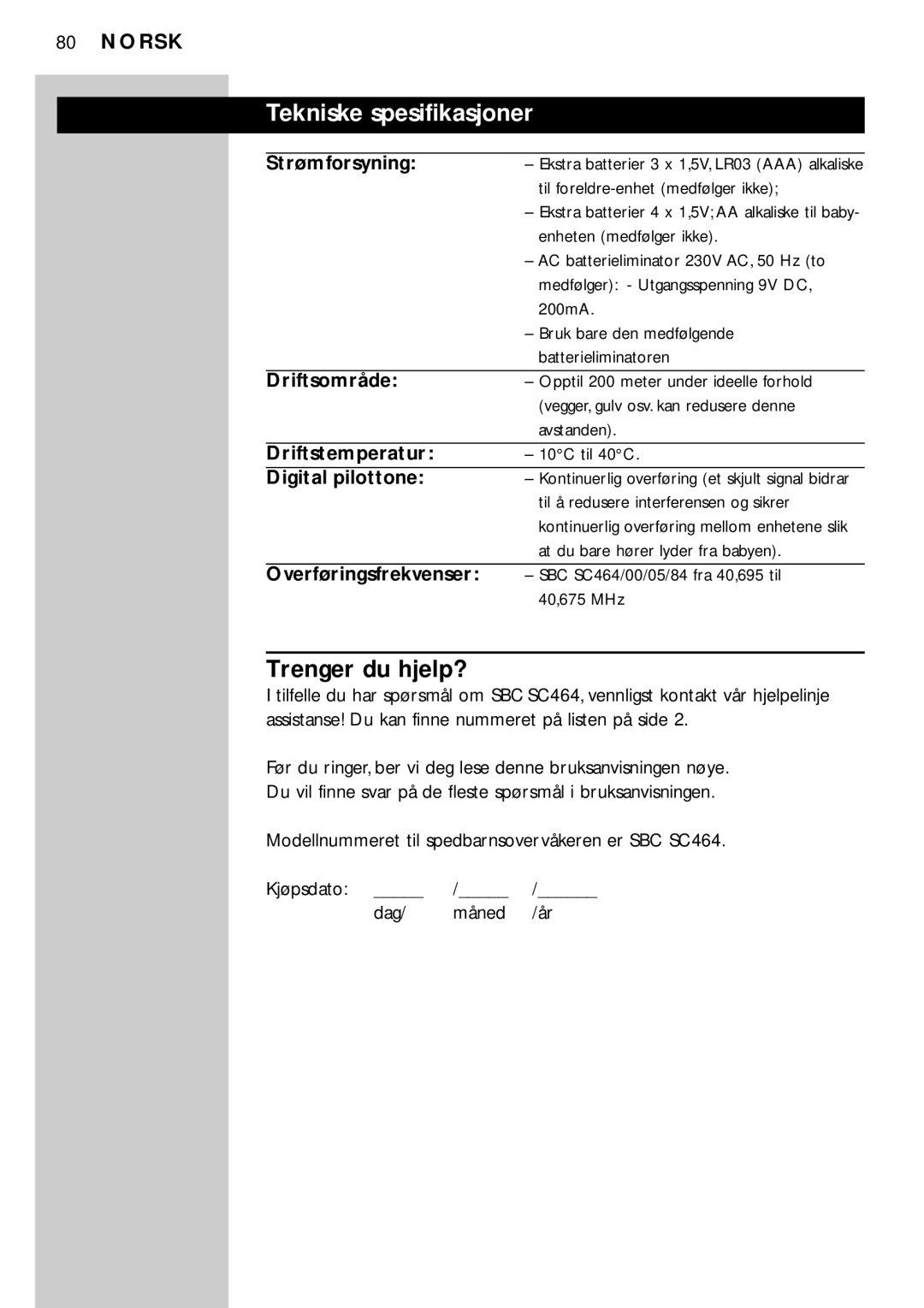 Philips SC464SBC manual Tekniske spesifikasjoner, Trenger du hjelp?, Driftsområde, Overføringsfrekvenser 