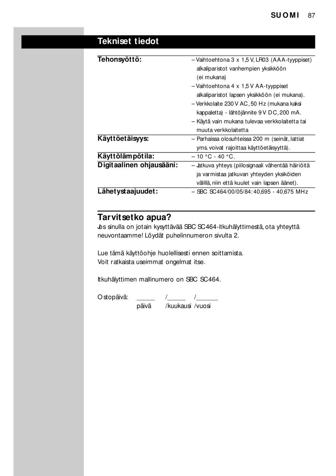 Philips SC464SBC manual Tekniset tiedot, Tarvitsetko apua? 