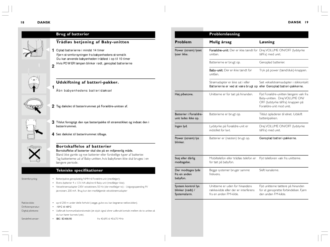 Philips SC466 warranty Brug af batterier, Tekniske specifikationer, Problemløsning 