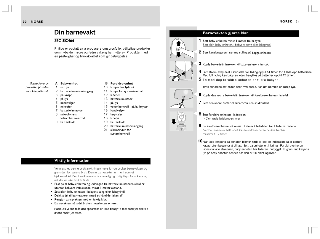 Philips SC466 warranty Din barnevakt, Viktig informasjon, Baby-enhet Foreldre-enhet 