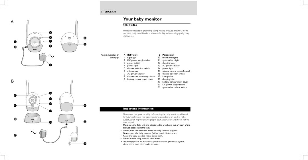 Philips SC466 warranty Your baby monitor, Important information, Baby unit Parent unit 