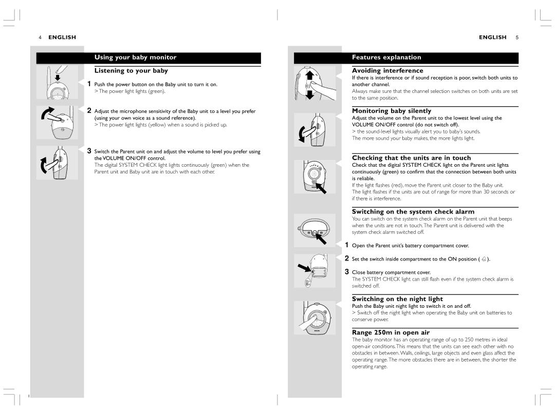 Philips SC466 warranty Using your baby monitor, Features explanation 