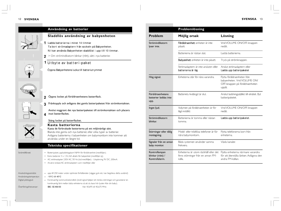 Philips SC466 warranty Användning av batterier, Tekniska specifikationer, Problemlösning 