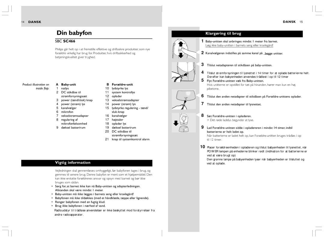 Philips SC466 warranty Din babyfon, Vigtig information, Baby-unit Forældre-unit 