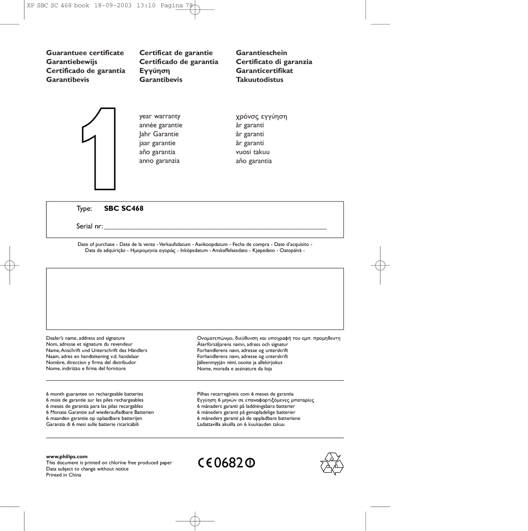 Philips SC468 manual Serial nr, Inköpsdatum Anskaffelsesdato Kjøpedato Oatopäivä 