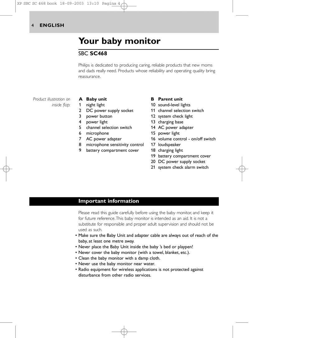 Philips SC468 manual Your baby monitor, Important information 