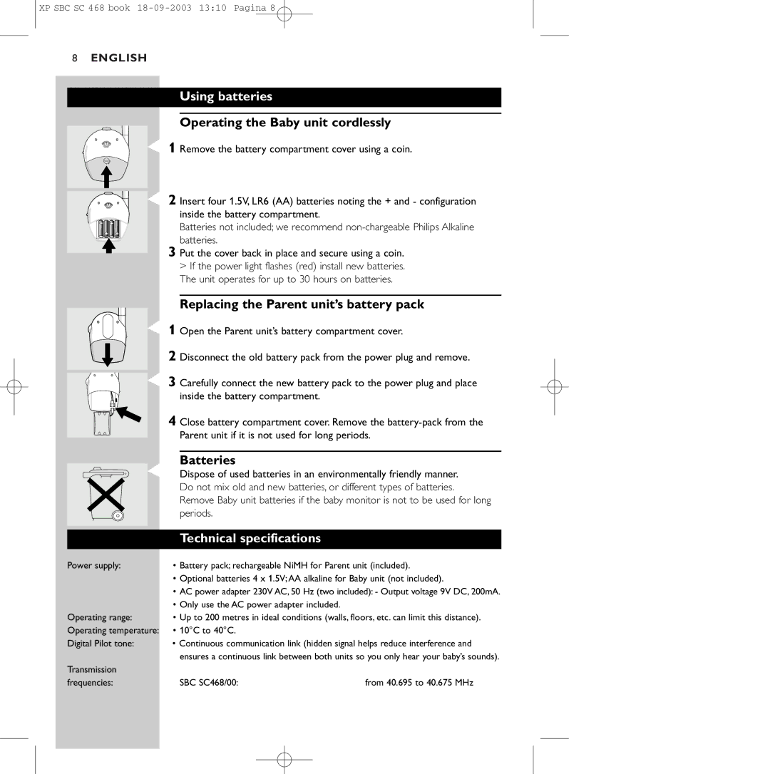 Philips SC468 manual Using batteries, Operating the Baby unit cordlessly 