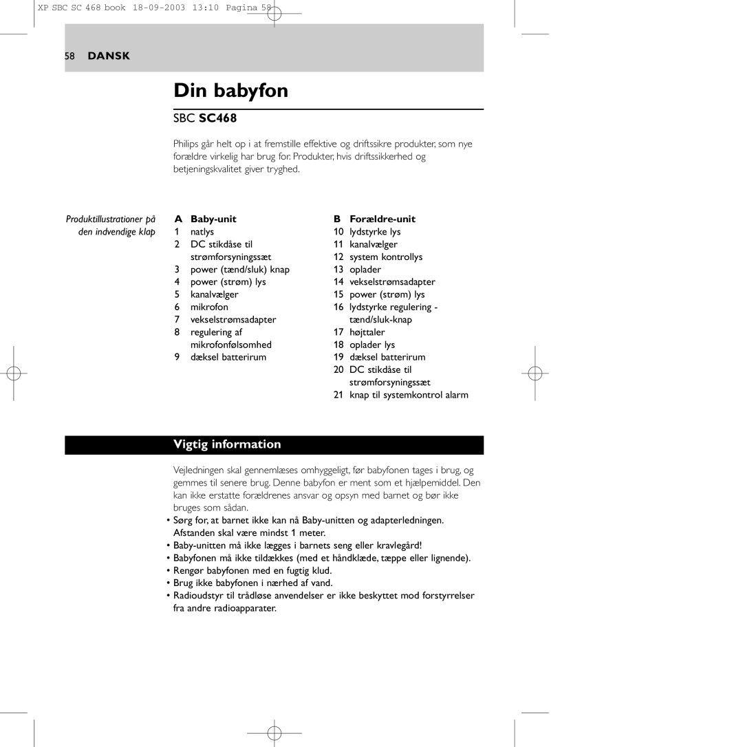 Philips SC468 manual Din babyfon, Vigtig information 