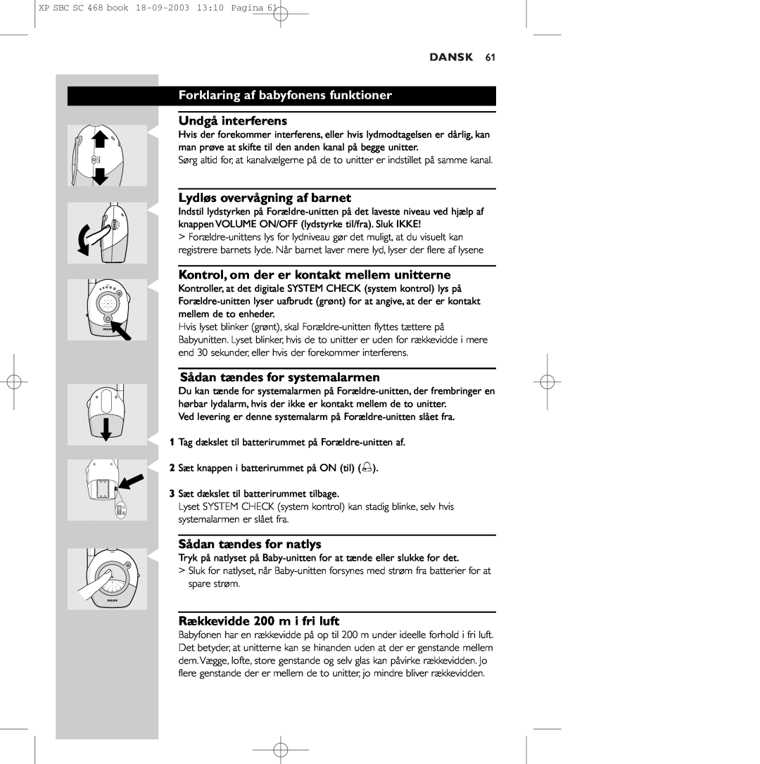 Philips SC468 manual Forklaring af babyfonens funktioner, Undgå interferens, Lydløs overvågning af barnet, Dansk 