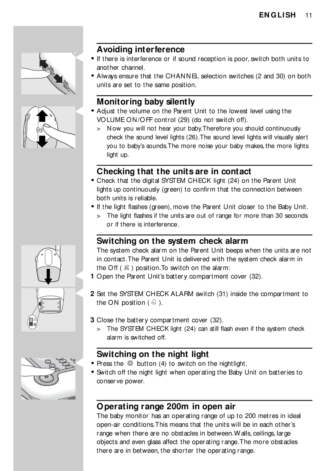 Philips SC469 manual Avoiding interference, Monitoring baby silently, Checking that the units are in contact 