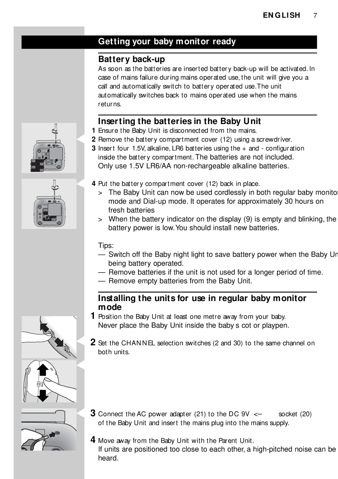 Philips SC469 manual Getting your baby monitor ready, Battery back-up, Inserting the batteries in the Baby Unit 