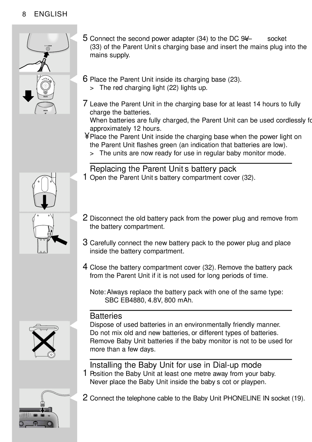 Philips SC469 manual Replacing the Parent Unit’s battery pack, Batteries, Installing the Baby Unit for use in Dial-up mode 