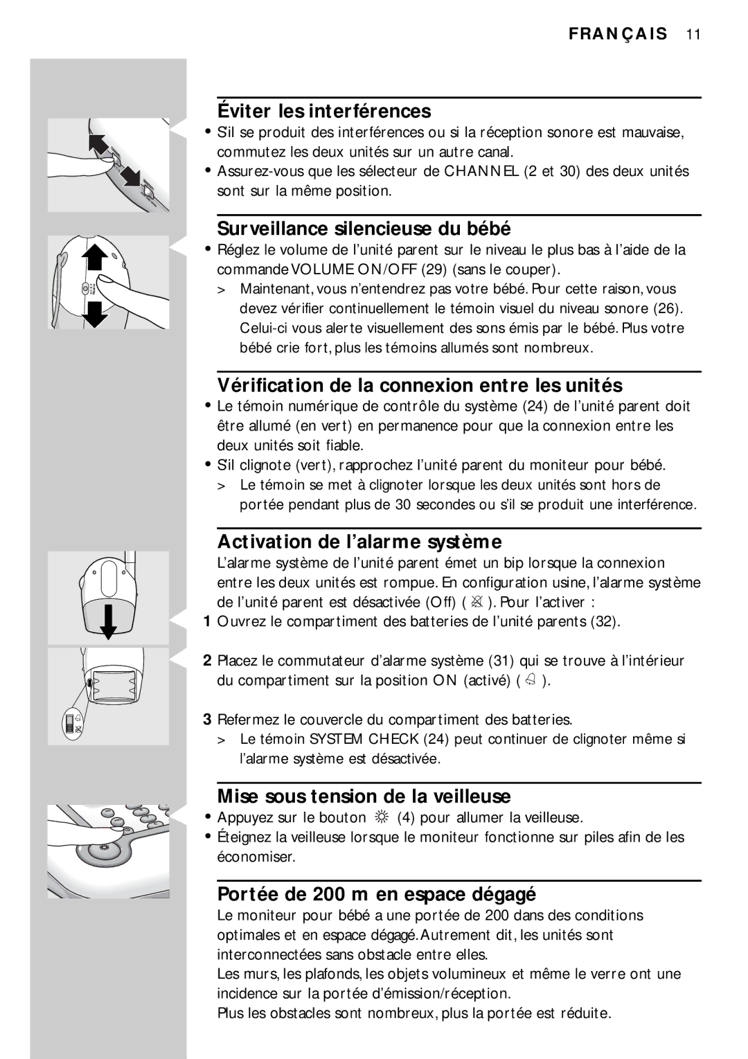 Philips SC469SBC Éviter les interférences, Surveillance silencieuse du bébé, Vérification de la connexion entre les unités 