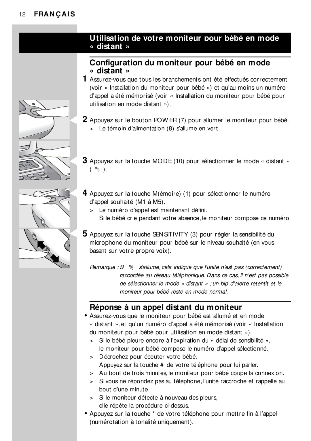 Philips SC469SBC manual Utilisation de votre moniteur pour bébé en mode « distant », Réponse à un appel distant du moniteur 