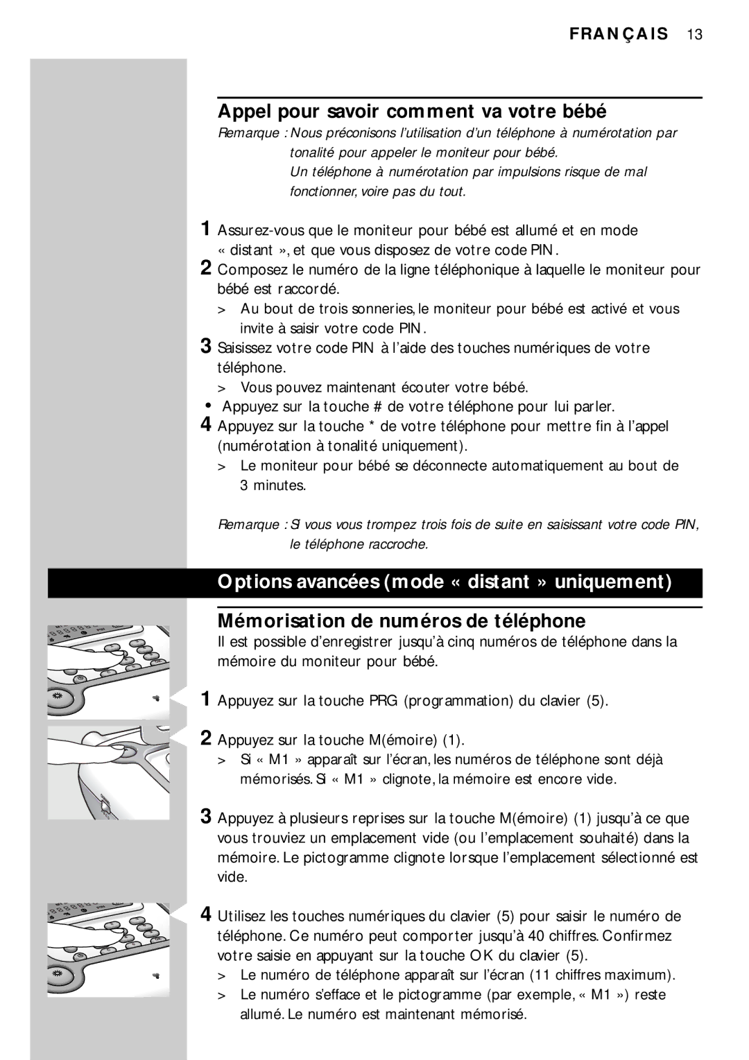 Philips SC469SBC manual Appel pour savoir comment va votre bébé, Options avancées mode « distant » uniquement 