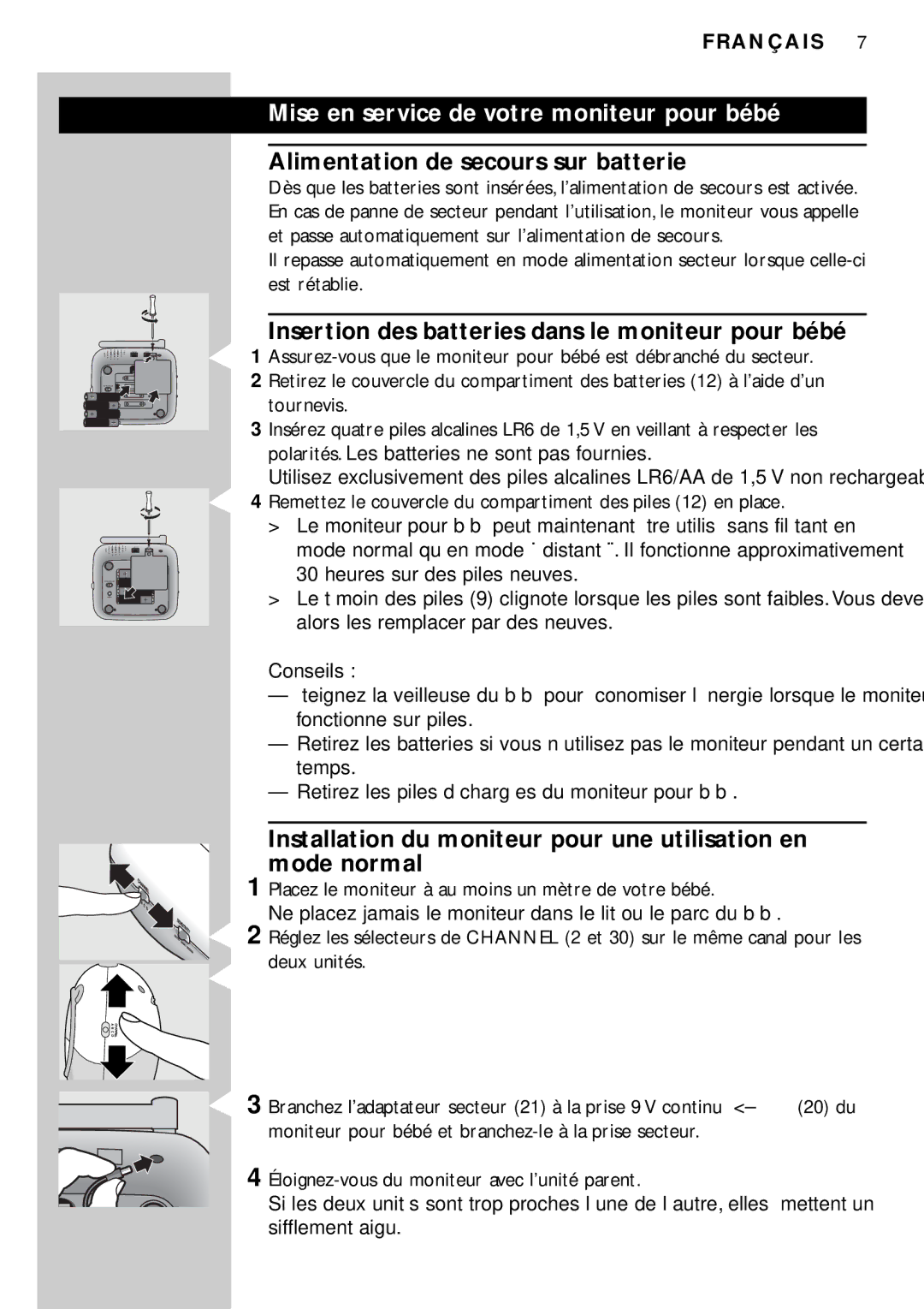 Philips SC469SBC manual Mise en service de votre moniteur pour bébé, Alimentation de secours sur batterie 