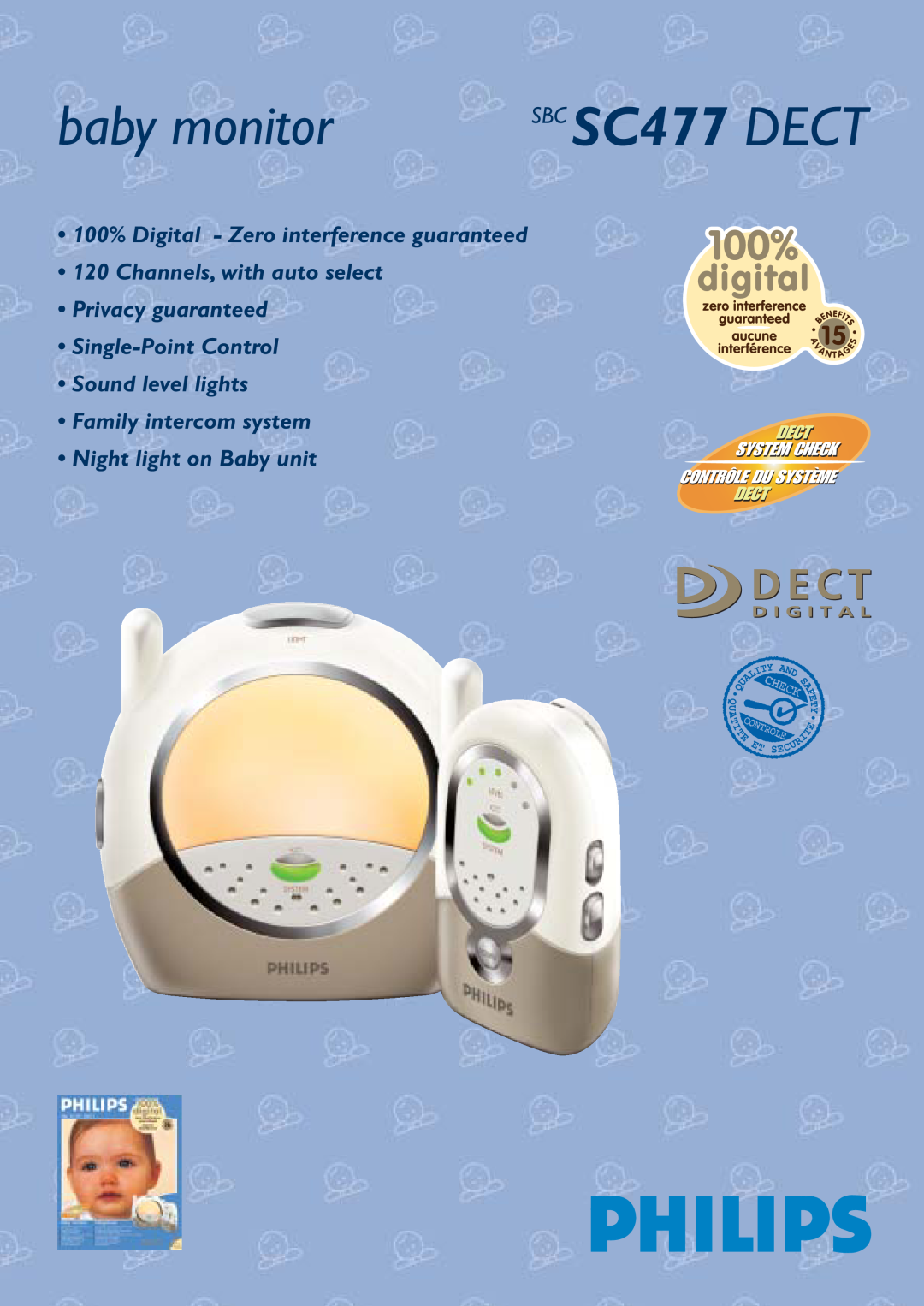 Philips manual baby monitor, SBC SC477 DECT, 100% Digital - Zero interference guaranteed, Night light on Baby unit 